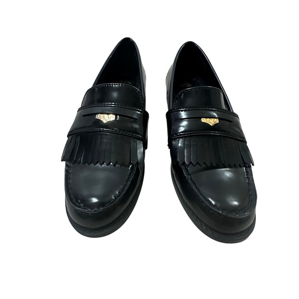 Zara Black Patent Kiltie Penny Loafers Gold Crest Fringe EUR 36 US 6 Womens